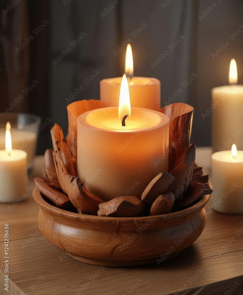 Burning candle arrangement with unique shapes in a wooden bowl , decorative centerpiece, warm glow Burning candle arrangement with unique shapes in a wooden bowl , decorative centerpiece, warm glow