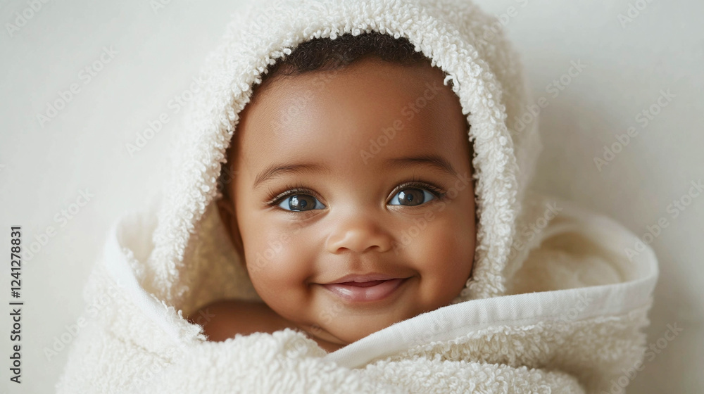 A sleeping baby, snugly wrapped in a white knitted blanket. A sleeping baby, snugly wrapped in a white knitted blanket.