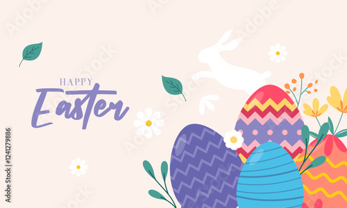 Cute Happy Easter Celebration Background with Various Colorful Painted Easter Eggs, Bunny, and Chick. Design for Season Greetings, Wallpaper, Posters, Banners, Cards, Invitations, and Many More.