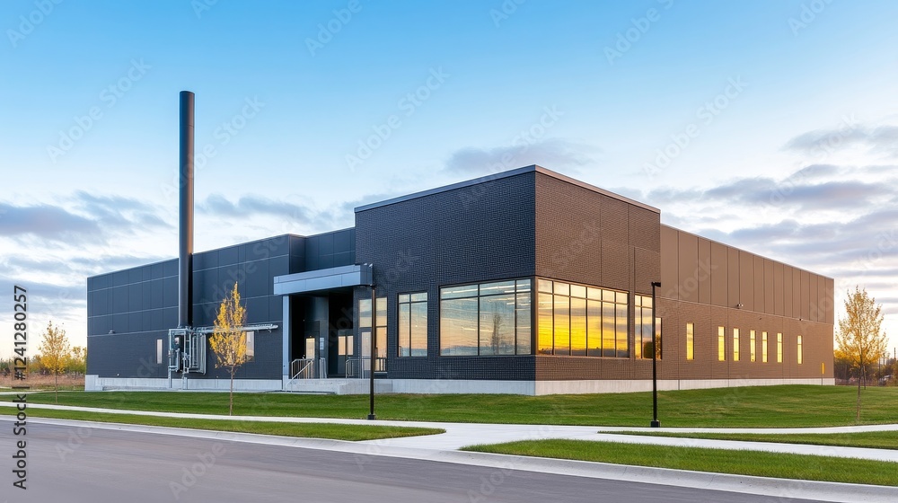 Modern industrial building with large windows reflecting sunset, surrounded by landscaped green area Modern industrial building with large windows reflecting sunset, surrounded by landscaped green area
