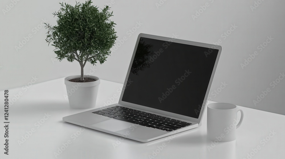Minimalistic workspace featuring a laptop, potted plant, and coffee mug on a clean surface Minimalistic workspace featuring a laptop, potted plant, and coffee mug on a clean surface