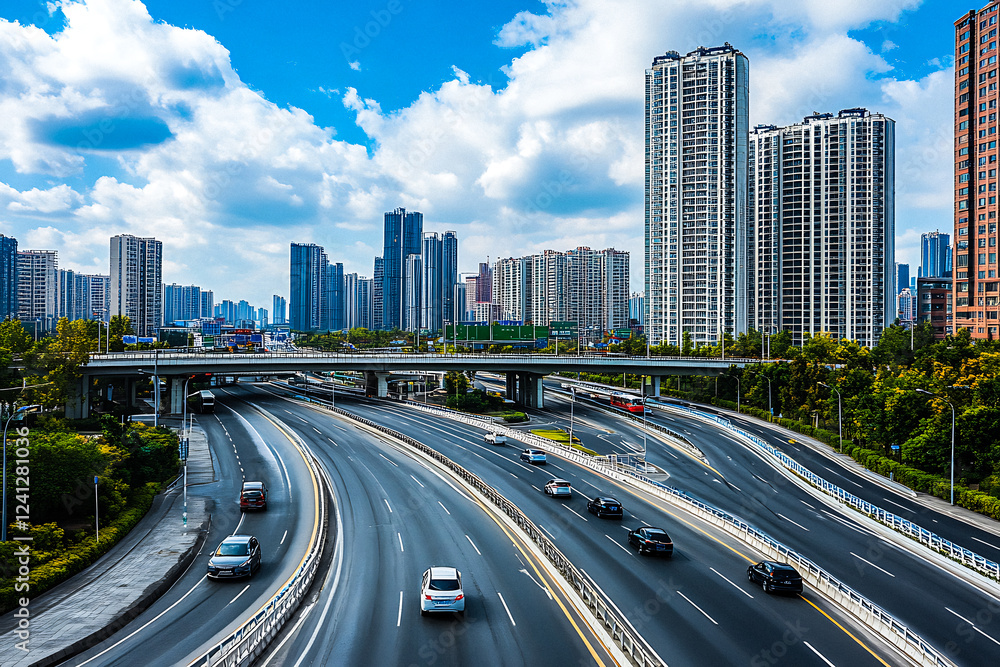 Wide Urban Highway with City Buildings – Modern Cityscape View Wide Urban Highway with City Buildings – Modern Cityscape View