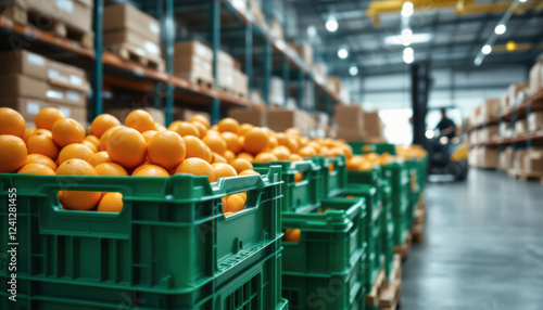 Cajas verdes llenas de naranjas almacenadas en un almacén industrial con estanterías y montacargas.