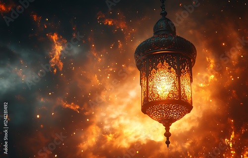 Ornate Glowing Lantern Amidst Fiery Orange and Dark Smoke in a Mystical Scene

