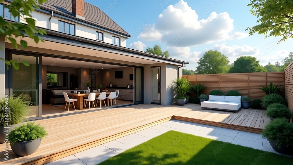 Fototapeta premium Modern Backyard with a Spacious Wooden Deck and Cozy Lounge Area