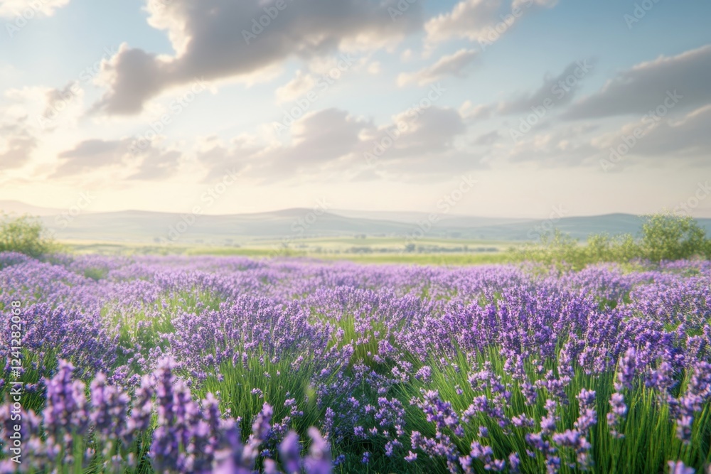 Naklejka premium Lavender meadows blossom with vibrant hues in breathtaking natural landscapes designed for nature lovers and outdoor enthusiasts
