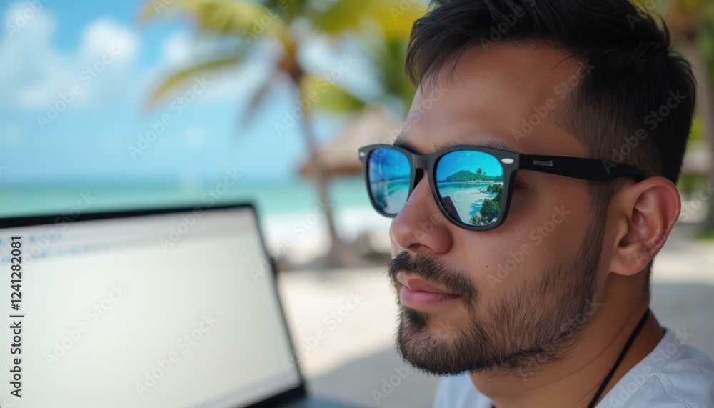 Man Working on Laptop at Beach with Sunglasses and Palm Trees Man Working on Laptop at Beach with Sunglasses and Palm Trees