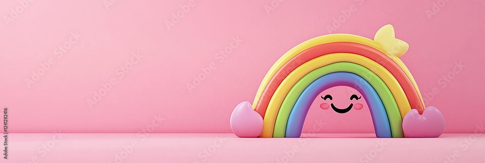 A cheerful cartoon rainbow with a smiling face against a pink background, perfect for kids' designs and playful themes. with copyspace A cheerful cartoon rainbow with a smiling face against a pink background, perfect for kids' designs and playful themes. with copyspace