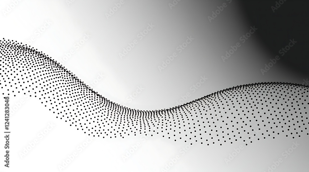 Fototapeta premium Digital abstract art with a wave-like dot pattern, varying sizes create depth and flow, forming a minimalist, modern, symmetrical black-and-white geometric landscape illusion.