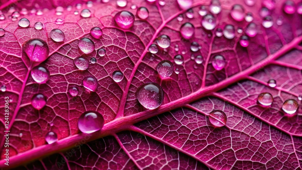 Fototapeta premium Close-up of a fuchsia-colored leaf with sticky droplets of viscous liquid coating its surface, dripping slime, leaf, greenery, botanical photography, plant details