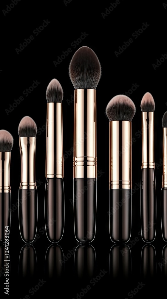 Selection of professional makeup brushes arranged neatly on a reflective surface against a dark background highlighting their design and quality Selection of professional makeup brushes arranged neatly on a reflective surface against a dark background highlighting their design and quality