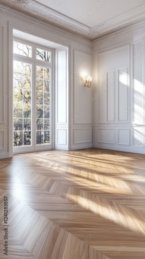 Bright and elegant empty room with wooden floor and large windows on a sunny day surrounded by nature in a charming residential area Bright and elegant empty room with wooden floor and large windows on a sunny day surrounded by nature in a charming residential area