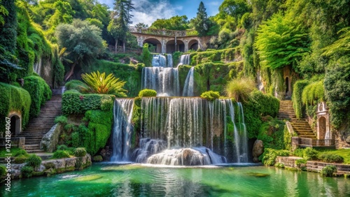 Majestic Tivoli waterfall surrounded by lush greenery in the Park of Villa Gregoriana, Italy