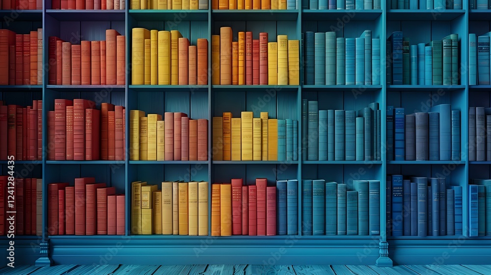 Colorful rainbow bookshelf arrangement in library with red, yellow and blue books organized by color creating vibrant gradient pattern on wooden shelves. Colorful rainbow bookshelf arrangement in library with red, yellow and blue books organized by color creating vibrant gradient pattern on wooden shelves.