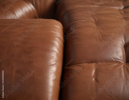 Close-up of brown leather upholstery with visible wear and tear, worn-out edges, frayed seams, vintage-inspired. photo