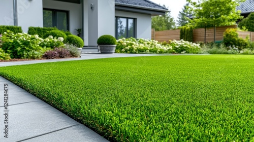 A beautifully manicured, vibrant green lawn complemented by exquisite landscaping in a contemporary residential garden bathed in daylight