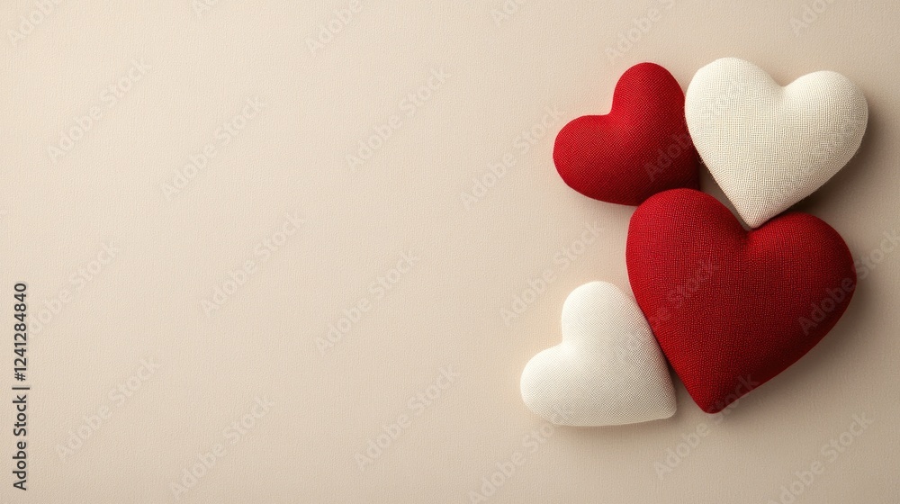 Fototapeta premium Red heart-shaped fabric garland is beautifully displayed on a light, wooden background, evoking a nostalgic Valentine's Day atmosphere