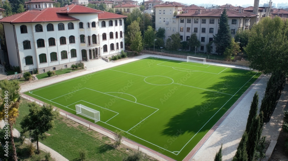 Green soccer field surrounded by buildings in a sunny afternoon setting creates a vibrant sports atmosphere Green soccer field surrounded by buildings in a sunny afternoon setting creates a vibrant sports atmosphere