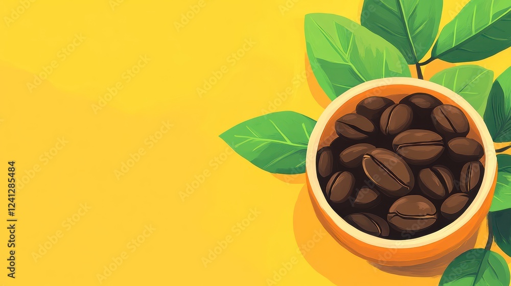 Obraz premium A bowl of coffee beans surrounded by green leaves on a bright yellow background.