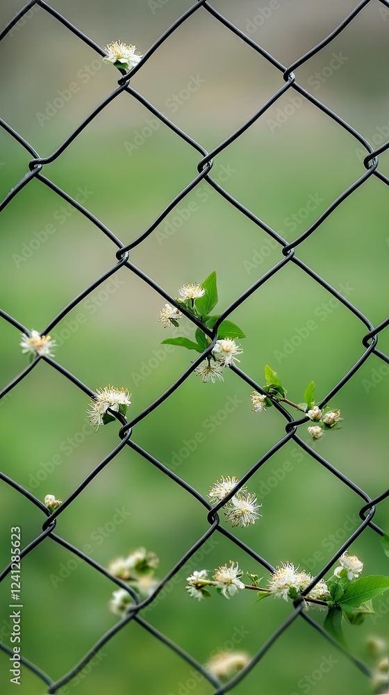 Fototapeta premium Delicate white flowers bloom through a black wire fence in a vibrant green setting during springtime