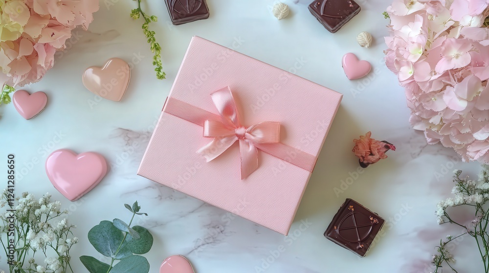 Day gift box surrounded by heart-shaped decorations, a pink bouquet, and chocolates Day gift box surrounded by heart-shaped decorations, a pink bouquet, and chocolates