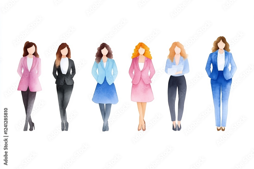 Fototapeta premium Diverse Female Professionals in Gentle Watercolor on White Paper