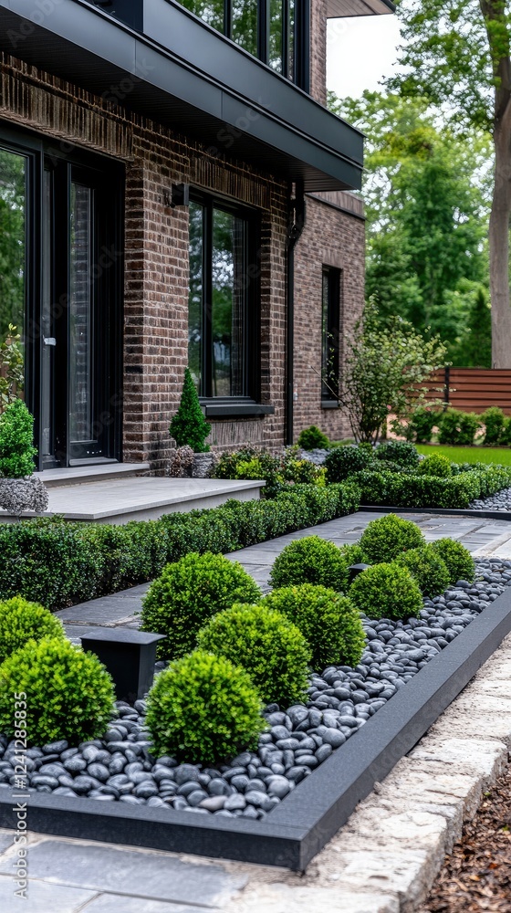 A beautifully landscaped garden filled with vibrant greenery and stylish decorative stones enhances the charm of this modern home setting A beautifully landscaped garden filled with vibrant greenery and stylish decorative stones enhances the charm of this modern home setting