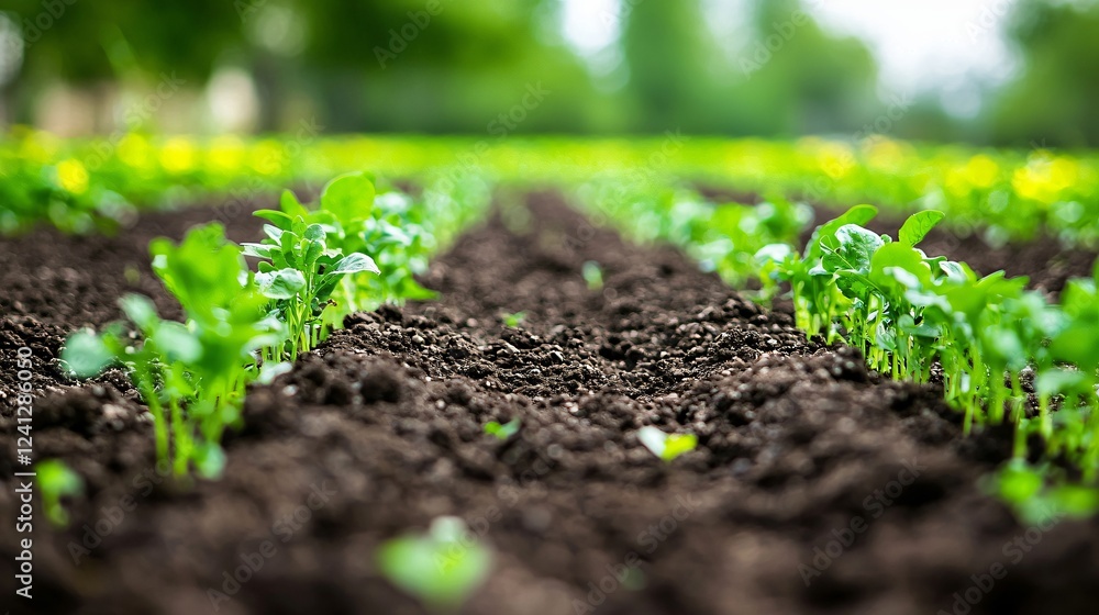 Rows of Young Plants Sprouting From Rich Soil in a Field on a Sunny Day Agriculture Cultivation. Rows of Young Plants Sprouting From Rich Soil in a Field on a Sunny Day Agriculture Cultivation.