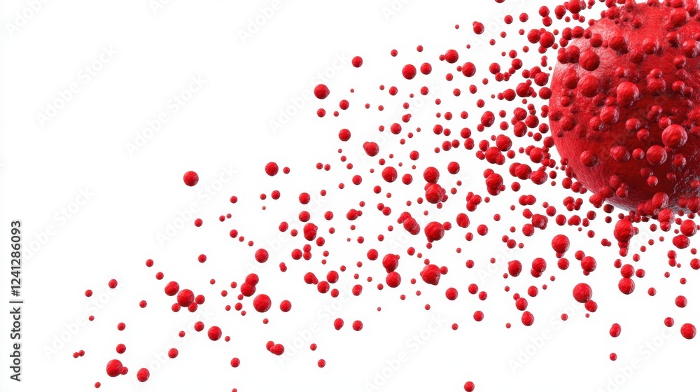 Fototapeta premium A digital rendering of red virus particles magnified, symbolizing disease transmission and medical science, alone on a white background.