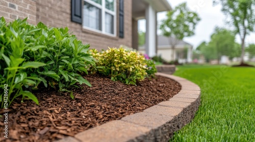 Well-maintained garden landscape with fresh mulch and vibrant greenery near residential home during daytime