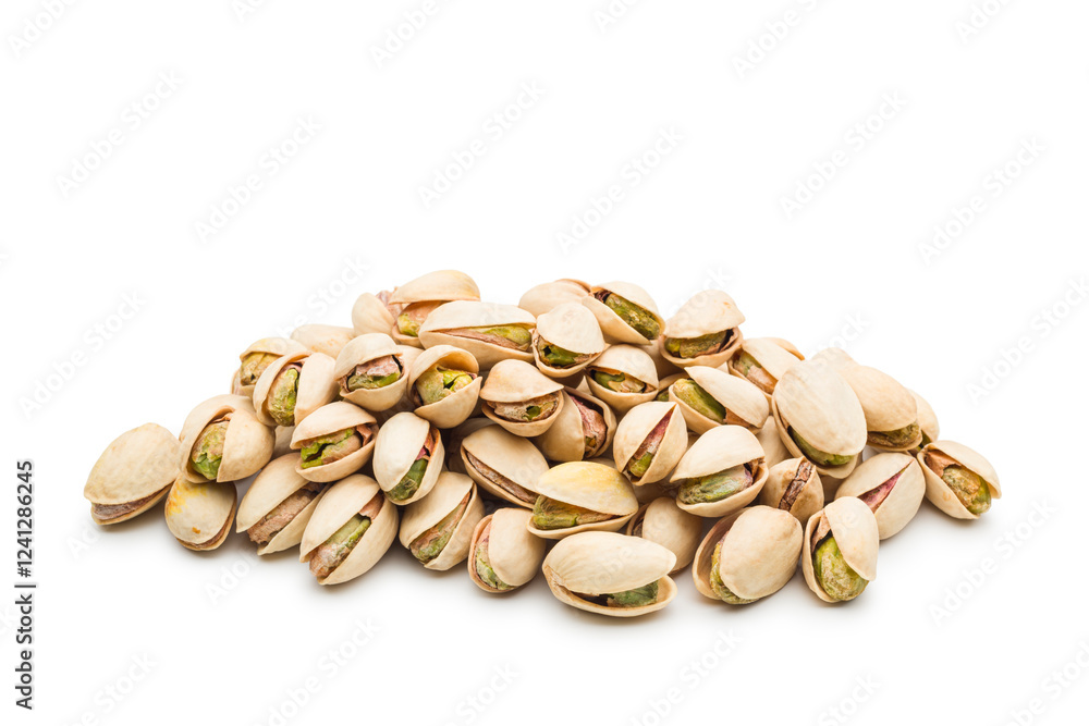Pile of pistachios isolated on white background. Pile of pistachios isolated on white background.