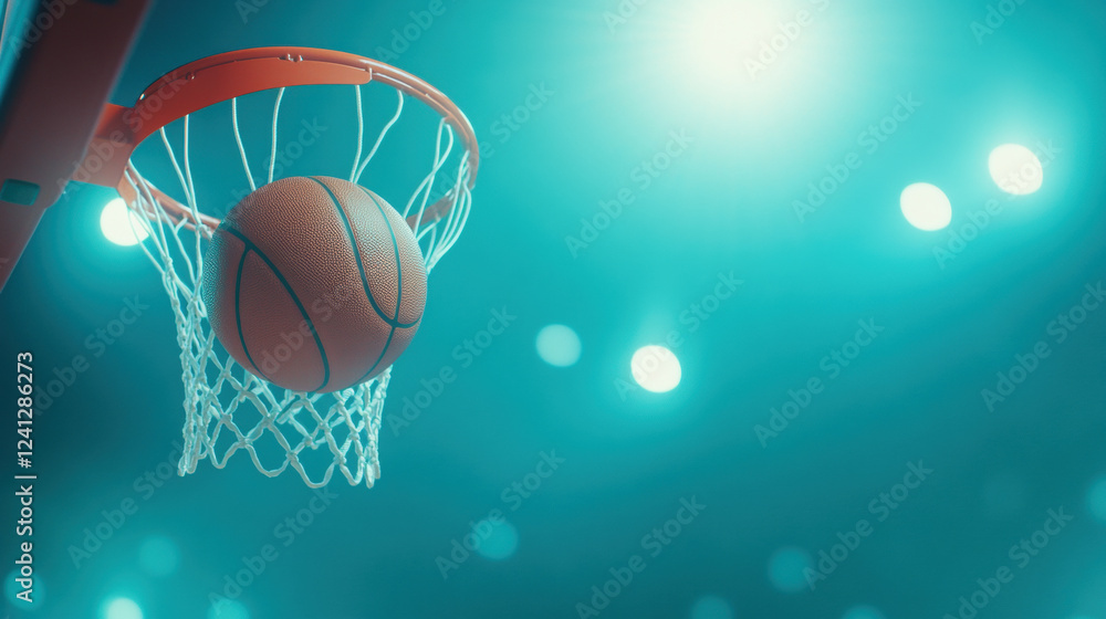 Basketball going through a hoop under bright stadium lights, sports action, dynamic shot, athletic concept Basketball going through a hoop under bright stadium lights, sports action, dynamic shot, athletic concept