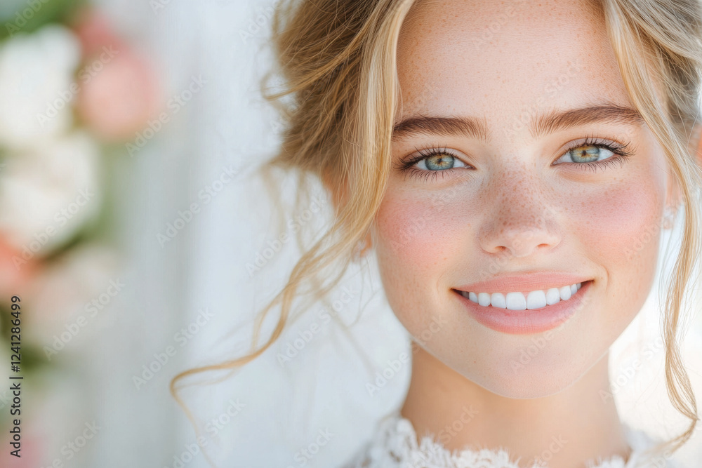 Portrait of a young Caucasian woman with freckles and natural makeup smiling brightly Portrait of a young Caucasian woman with freckles and natural makeup smiling brightly