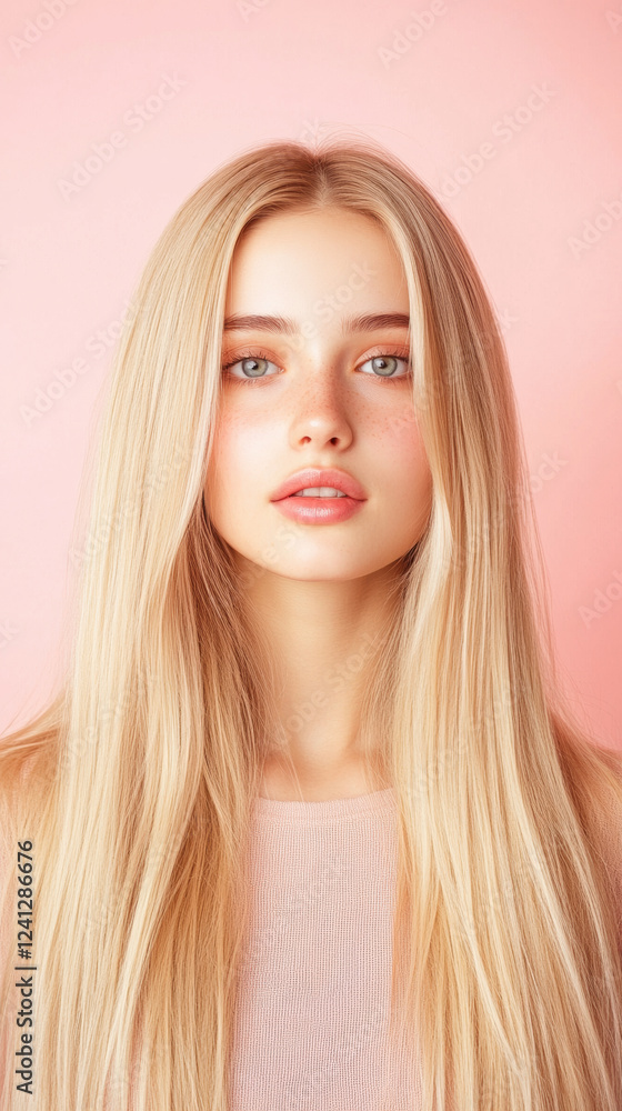 Naklejka premium Young Caucasian woman with long blonde hair on a soft pink background, portrait showcasing natural beauty and elegance