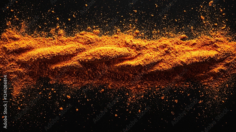 Scattered Golden Powder Particles on a Black Background for Culinary or Cosmetic Ingredient Use. Scattered Golden Powder Particles on a Black Background for Culinary or Cosmetic Ingredient Use.