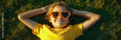 Wallpaper Mural A cheerful and happy child is joyfully enjoying a beautiful sunny summer day, wearing cute heartshaped sunglasses and a bright yellow shirt while comfortably relaxing on soft green grass Torontodigital.ca