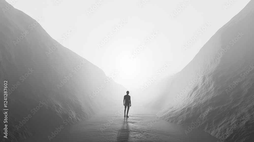 Obraz premium Solitary Figure Walking Between Misty Mountains