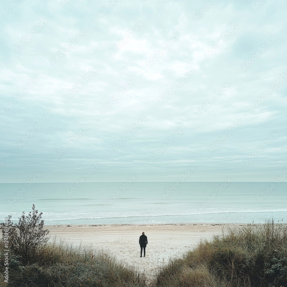 Solitary figure by tranquil beach under overcast sky Solitary figure by tranquil beach under overcast sky