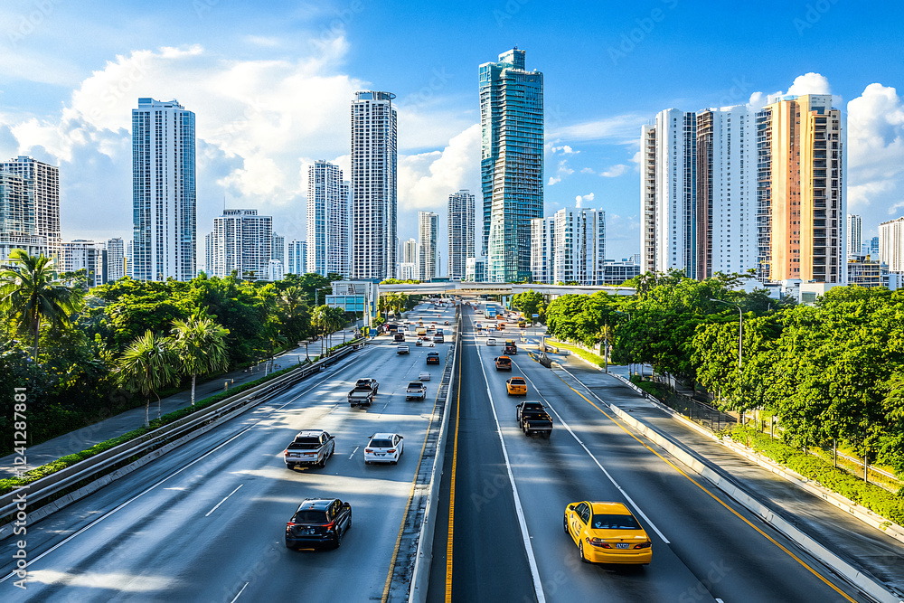 Wide Urban Highway with City Buildings – Modern Cityscape View Wide Urban Highway with City Buildings – Modern Cityscape View