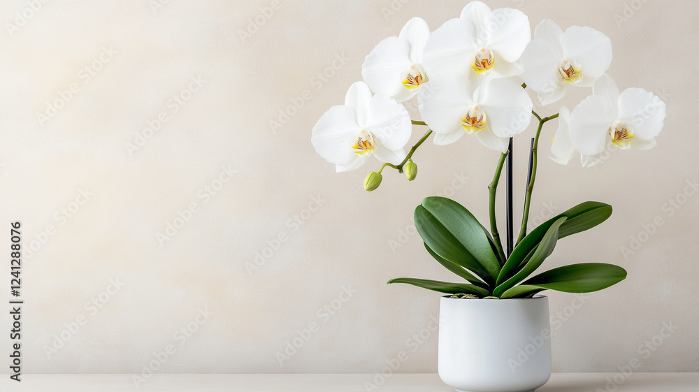 Elegant white orchids in modern pot against soft beige background, showcasing their delicate petals and lush green leaves, perfect for home decor or gifting Elegant white orchids in modern pot against soft beige background, showcasing their delicate petals and lush green leaves, perfect for home decor or gifting