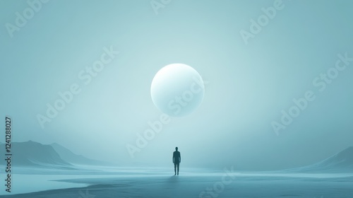 Solitary Figure Gazes at a Distant Orb in a Desolate Landscape