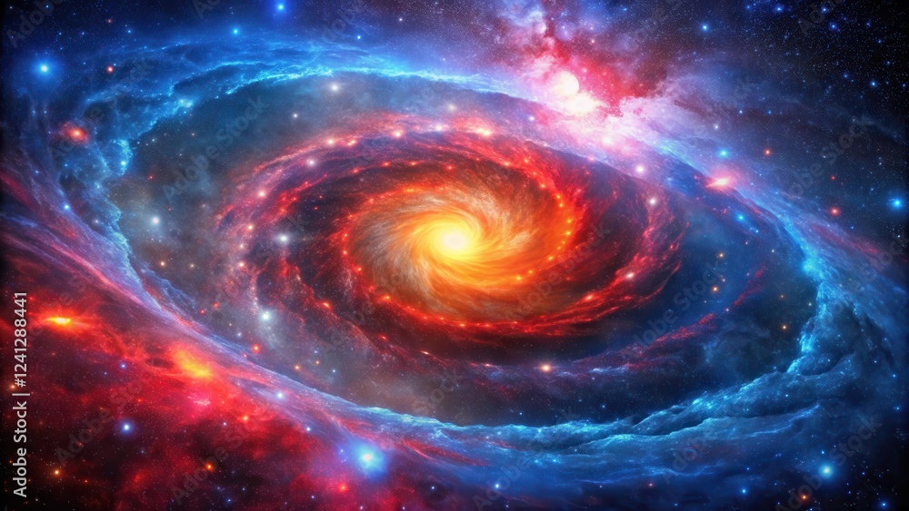 A vibrant cosmic nebula with swirling red and blue glowing lights amidst a dark starry sky, galaxy A vibrant cosmic nebula with swirling red and blue glowing lights amidst a dark starry sky, galaxy