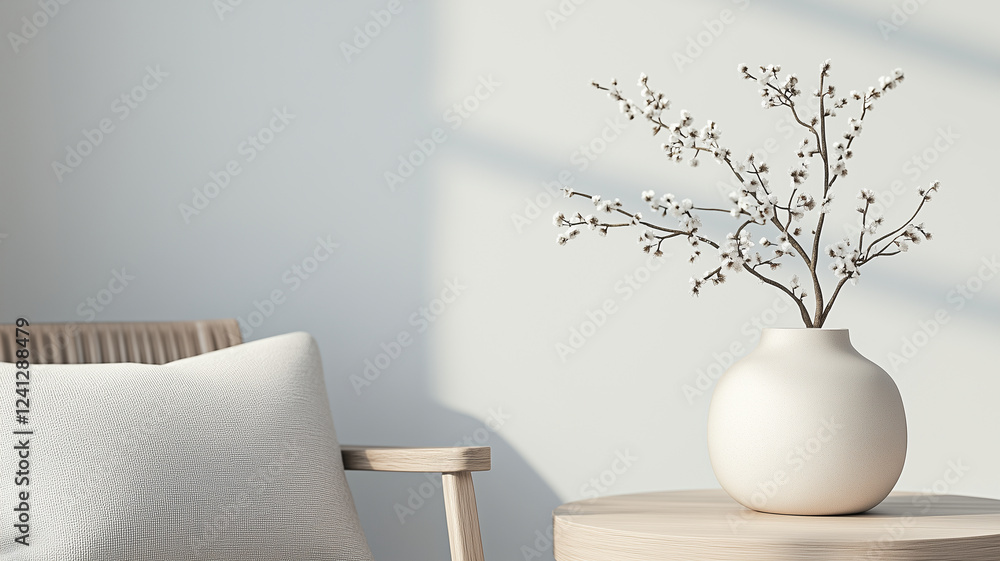 minimalist interior scene featuring vase with delicate branches, cozy chair, and soft lighting creates serene atmosphere minimalist interior scene featuring vase with delicate branches, cozy chair, and soft lighting creates serene atmosphere
