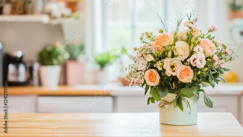 Wallpaper Mural beautiful floral arrangement featuring roses, lisianthus, and greenery in pastel vase, set on wooden kitchen table, creating warm and inviting atmosphere Torontodigital.ca