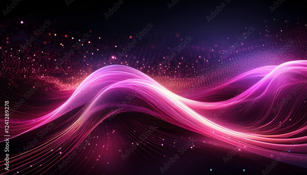Obraz premium dynamic pink light streaks forming a wave pattern against a dark background, sparkling particles resembling stars