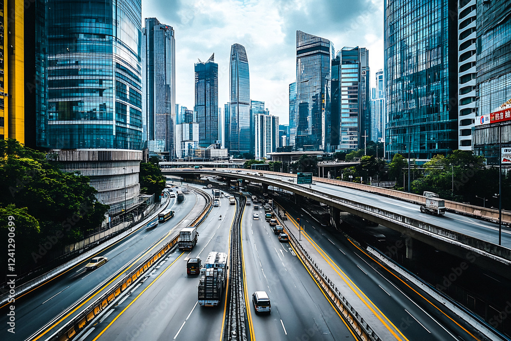 Wide Urban Highway with City Buildings – Modern Cityscape View Wide Urban Highway with City Buildings – Modern Cityscape View
