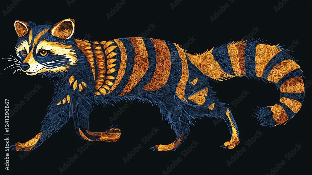 Walking raccoon, ornate design, dark background, nature illustration Walking raccoon, ornate design, dark background, nature illustration