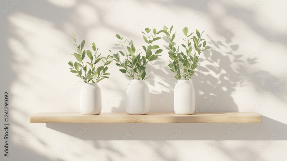 Minimalist shelf with white vases and green plants casting shadows Minimalist shelf with white vases and green plants casting shadows