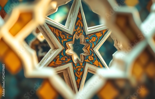 Intricate Star Pattern with Vibrant Geometric Designs Against a Soft Blur

