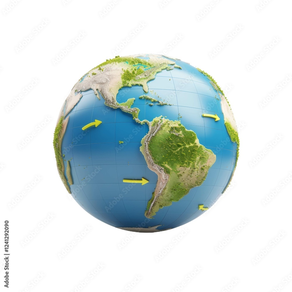Earth with continent details and direction arrows showing rotation and geographic features Earth with continent details and direction arrows showing rotation and geographic features